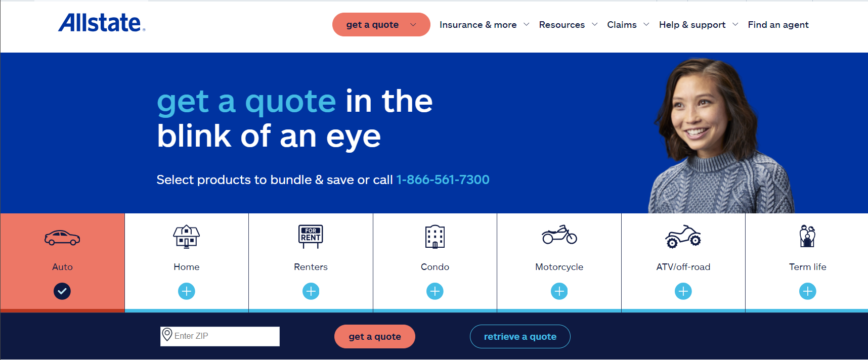 Allstate Site Screenshot: Cheap Hyundai Kona Car Insurance