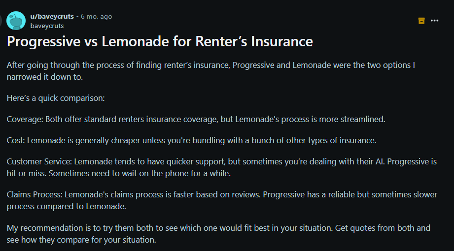 Lemonade vs. Progressive Renters Insurance: Reddit Reviews