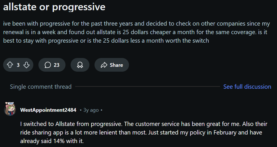 Reddit Screenshot: Allstate vs. Progressive Homeowners Insurance